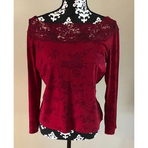 I.N.C. Red Boatneck Lace Trim 3/4 Sleeve L Top